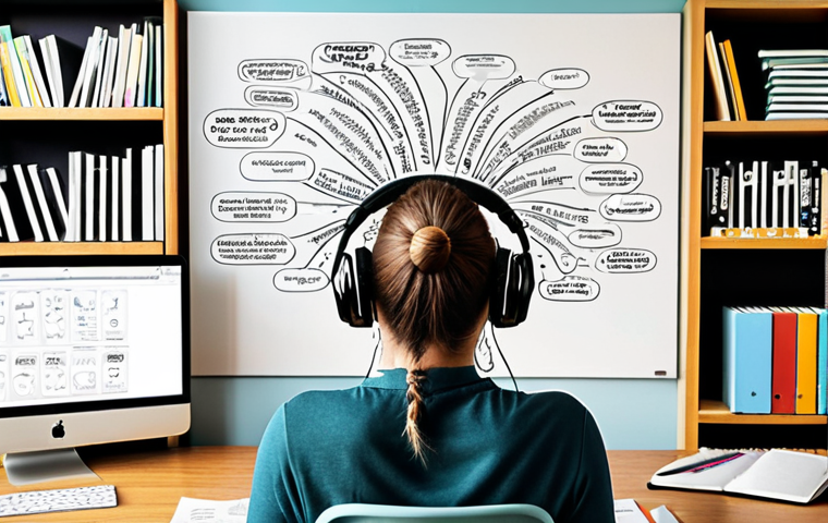**
A person confidently using a mind map on a bright, organized desk with noise-canceling headphones on. Bookshelves and motivational quotes are in the background. Focus on conveying a sense of calm and productive self-learning.
**