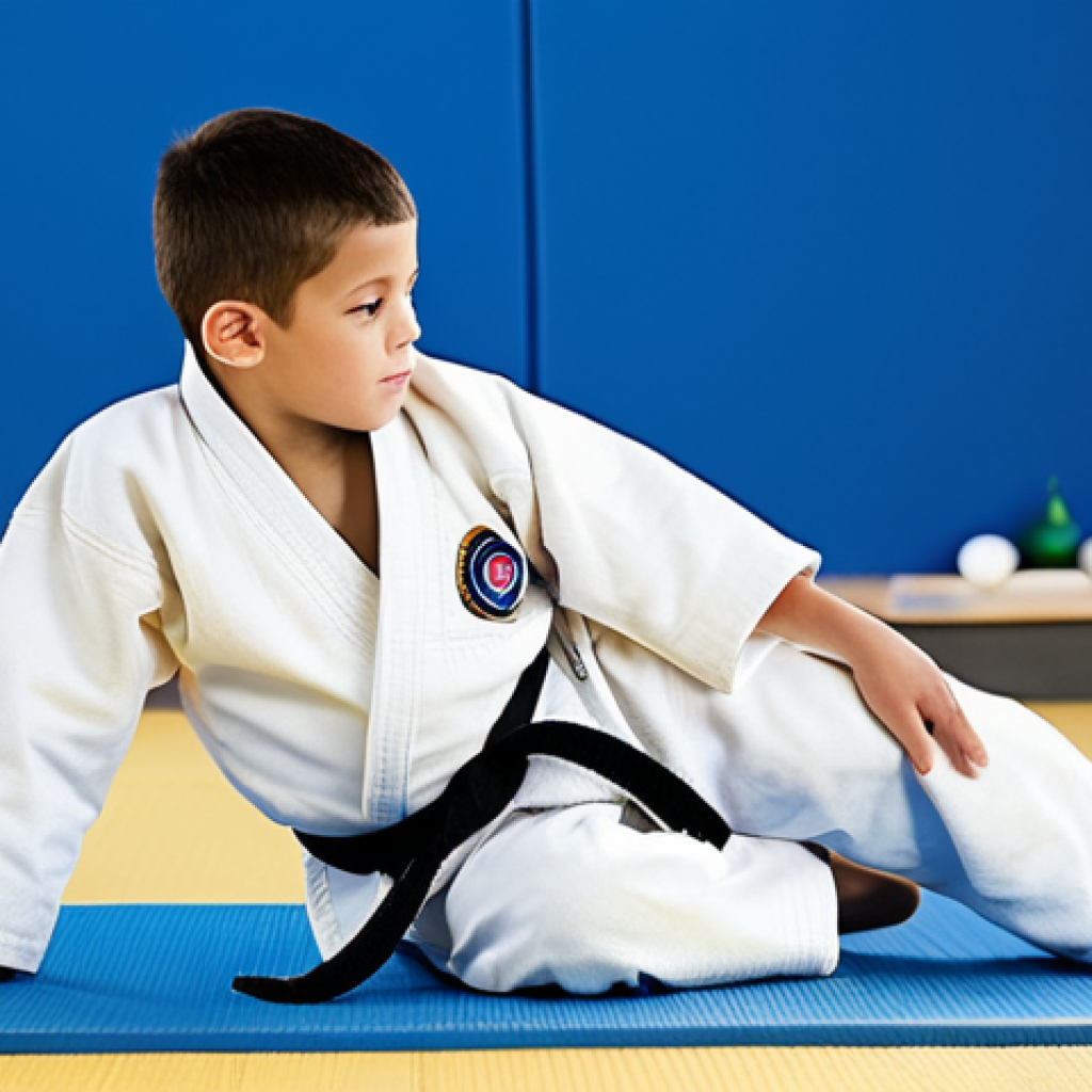 Child Learning Basic Judo**

A young boy (6-7 years old) in a white judogi, practicing a forward roll on a blue tatami mat. An experienced, friendly-looking male coach is demonstrating the technique. The dojo is bright and clean, with motivational posters on the walls. Focus on developing coordination and flexibility. safe for work, appropriate content, fully clothed, modest, family-friendly, perfect anatomy, correct proportions, natural pose, well-formed hands, proper finger count, natural body proportions.

**