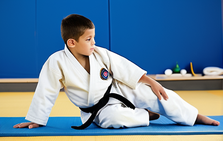 Child Learning Basic Judo**

A young boy (6-7 years old) in a white judogi, practicing a forward roll on a blue tatami mat. An experienced, friendly-looking male coach is demonstrating the technique. The dojo is bright and clean, with motivational posters on the walls. Focus on developing coordination and flexibility. safe for work, appropriate content, fully clothed, modest, family-friendly, perfect anatomy, correct proportions, natural pose, well-formed hands, proper finger count, natural body proportions.

**