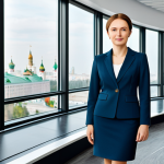 Professional Portrait**

"A confident businesswoman in a modern, modest blazer and skirt suit, standing in a bright, contemporary office space with large windows overlooking Moscow city. Fully clothed, appropriate attire, safe for work, perfect anatomy, natural proportions, professional photography, high quality, family-friendly."

**