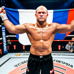 유도 유명 선수 인터뷰 - **Image Prompt:** "A determined Fedor Emelianenko, fully clothed in his signature fighting gear, sta...