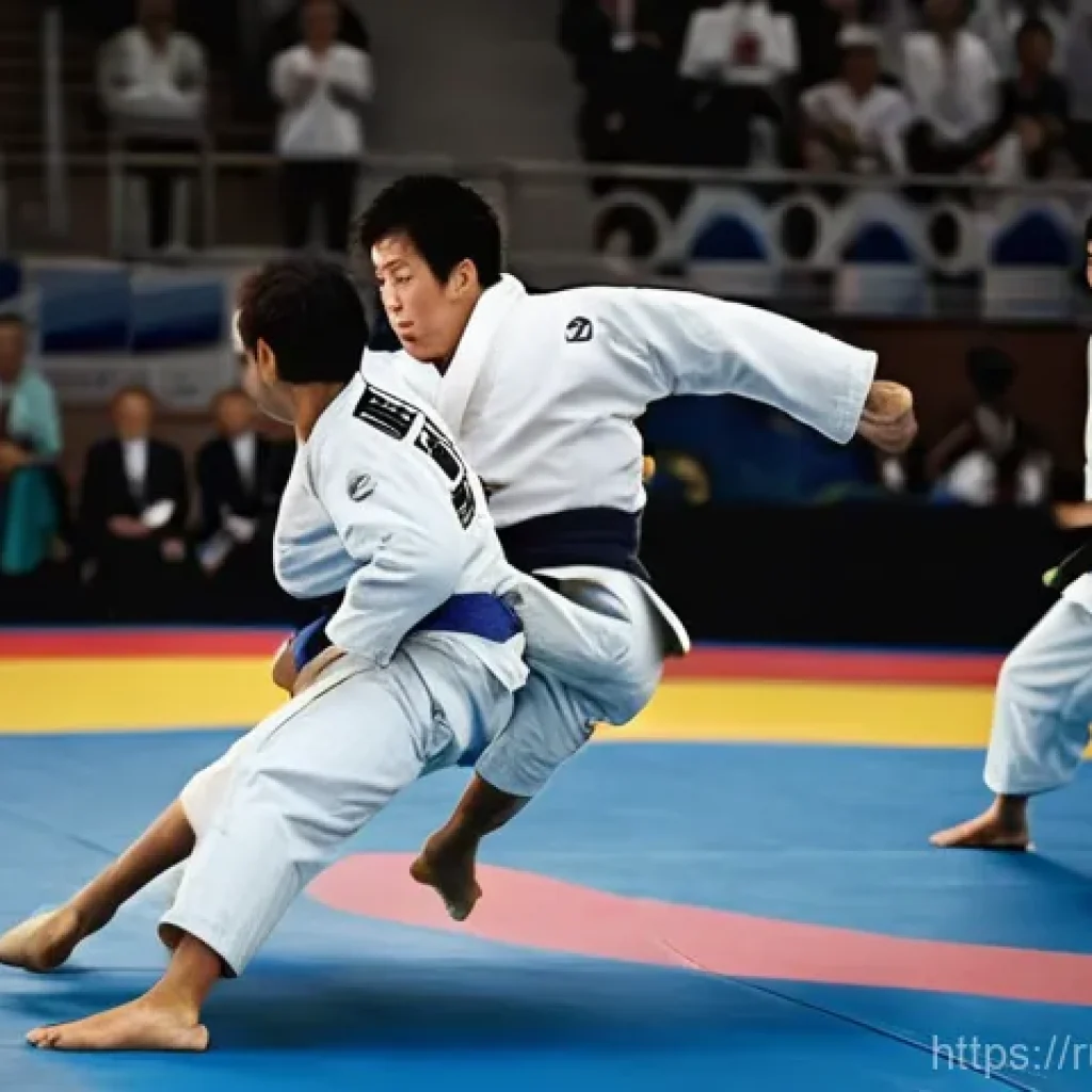 유도 국제 대회 규칙 - **Prompt:** A high-action, dynamic photograph of two male judokas engaged in a competitive match on ...