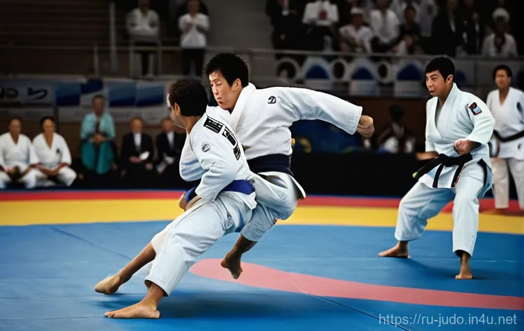 유도 국제 대회 규칙 - **Prompt:** A high-action, dynamic photograph of two male judokas engaged in a competitive match on ...
