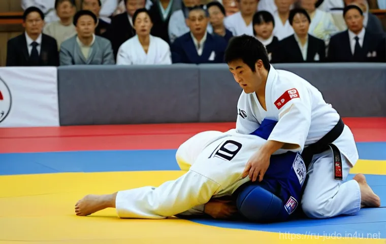 유도 경기에 필요한 심판 규정 - **Prompt 1: Dynamic Judo Action - Yuko and Groundwork Engagement**
"Two adult male judokas on a ...