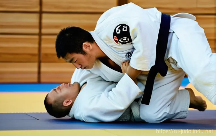 유도와 근력 운동의 차이 - **A dynamic full-body shot of a male or female judoka performing a powerful yet controlled *Ippon Se...