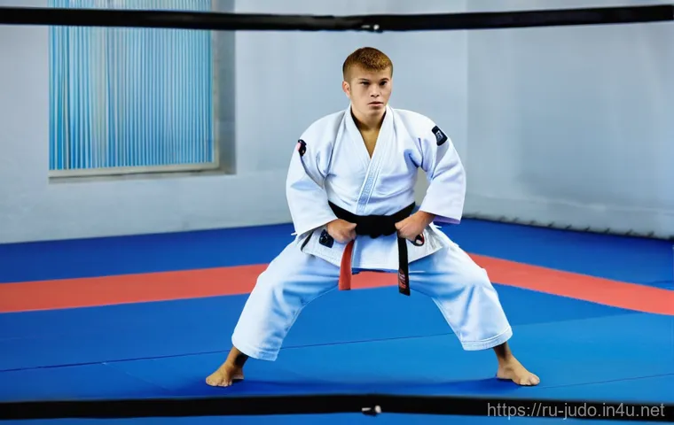 유도 경기 리뷰 및 분석 - **Prompt 1: Modern Judo Training with Biomechanics**
An image depicting a young Russian male jud...