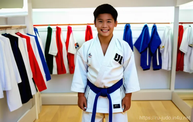 유도 도복 가격대별 추천 - Image Prompt 1: The First Gi Fitting**