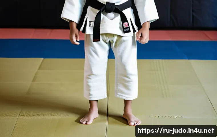유도 초보자 장비 준비 - **A Focused Beginner Judoka:** A young male judoka, approximately 16 years old, stands with a determ...