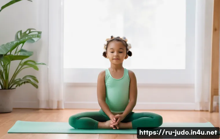 유도 매트 관리 방법 - **Prompt:** A young girl (approximately 7 years old) is sitting cross-legged on a pastel-colored yog...