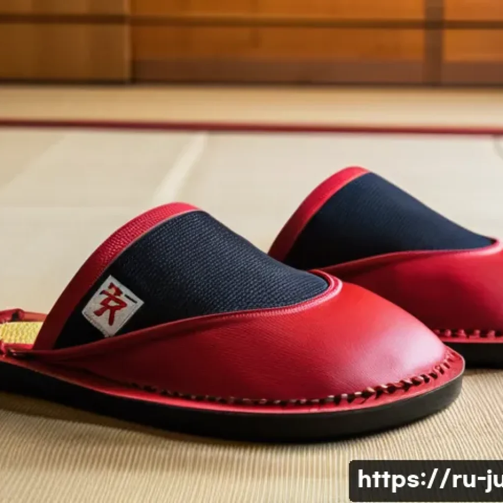 유도 훈련에 적합한 신발 - A close-up shot of a pair of traditional judo tatami slippers resting on a clean tatami mat in a bri...