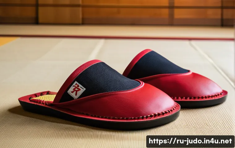 유도 훈련에 적합한 신발 - A close-up shot of a pair of traditional judo tatami slippers resting on a clean tatami mat in a bri...