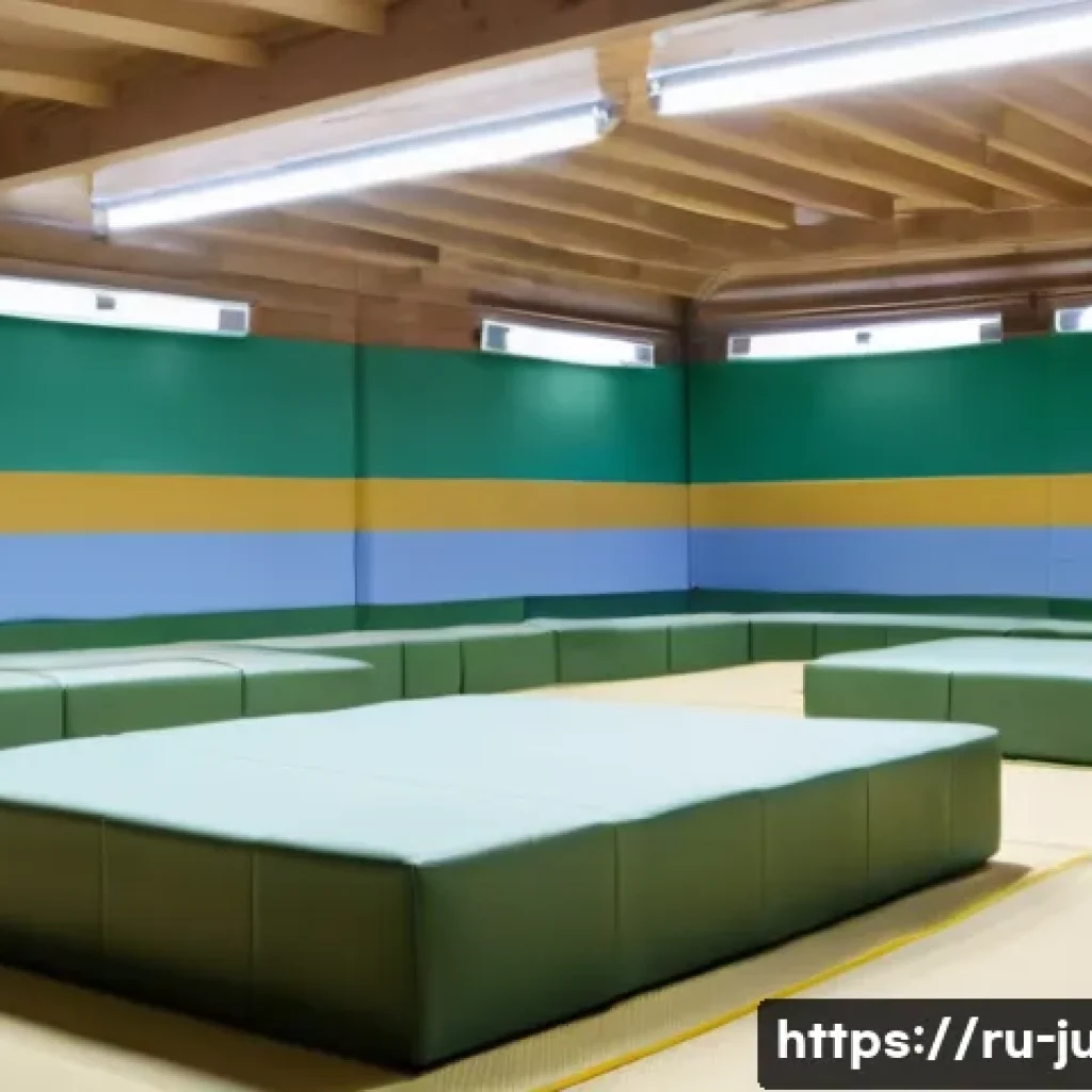 유도 경기장 내부 소개 - A spacious judo training hall featuring high-quality tatami mats with a thickness of 4-5 cm, laid ou...