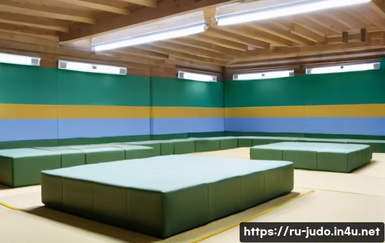 유도 경기장 내부 소개 - A spacious judo training hall featuring high-quality tatami mats with a thickness of 4-5 cm, laid ou...