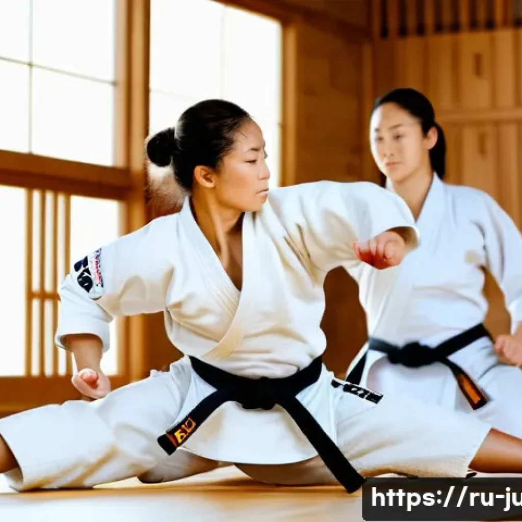 유도 다이어트 효과 - A dynamic judo training scene inside a modern dojo, featuring an athletic adult male and female judo...