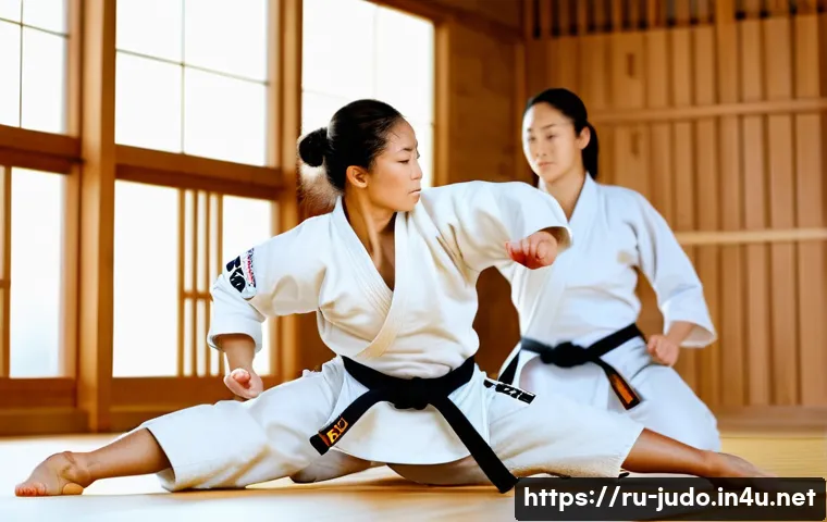 유도 다이어트 효과 - A dynamic judo training scene inside a modern dojo, featuring an athletic adult male and female judo...