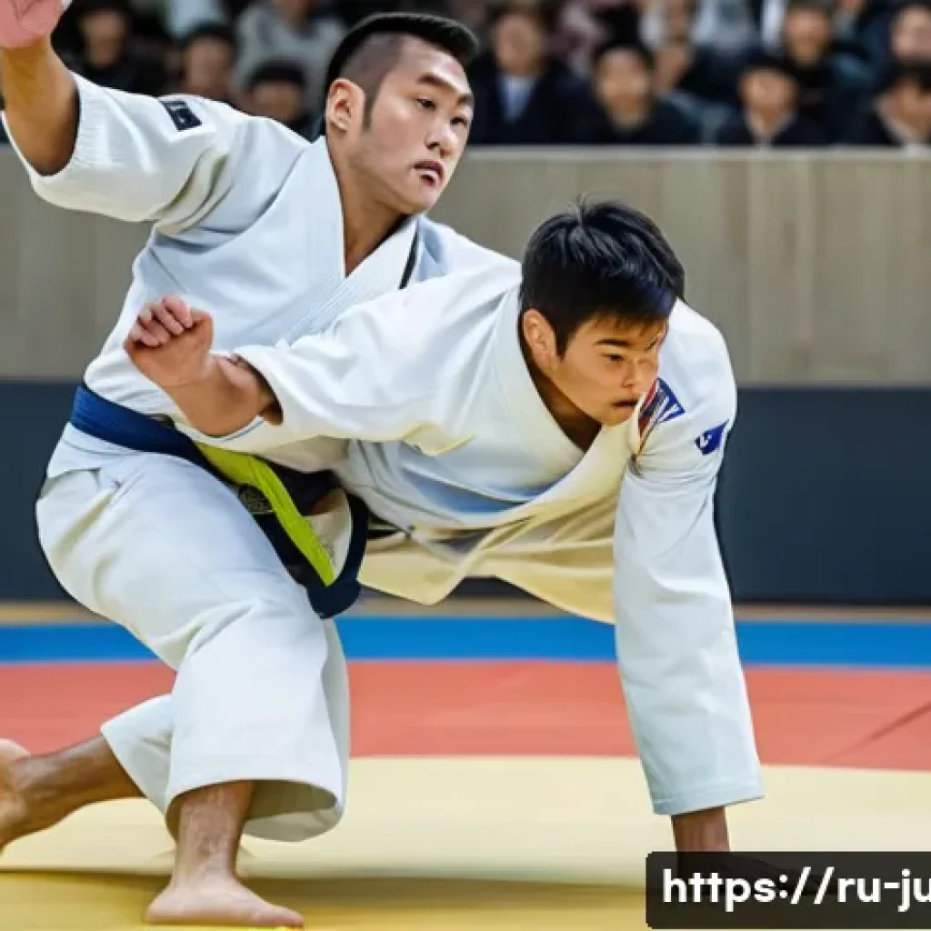유도 경기 규칙 최신 개정안 - A dynamic judo competition scene on a traditional tatami mat in a modern sports arena, featuring two...