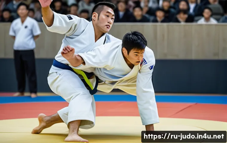 유도 경기 규칙 최신 개정안 - A dynamic judo competition scene on a traditional tatami mat in a modern sports arena, featuring two...