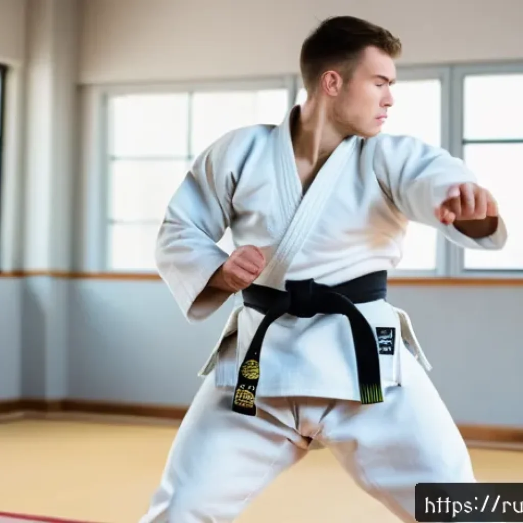 유도와 명상 호흡법 - A focused young adult male practicing judo in a modern dojo, wearing a traditional white judo gi wit...