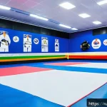 Home 22 유도 올림픽 준비 과정 - A detailed scene inside a high-tech Russian judo training center, showing a diverse group of athlete...