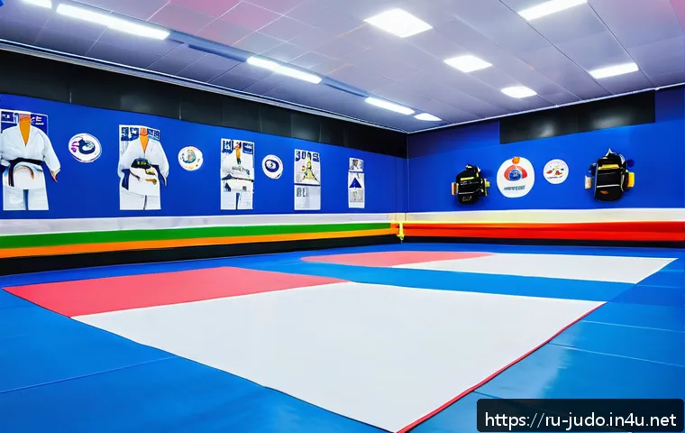 유도 올림픽 준비 과정 - A detailed scene inside a high-tech Russian judo training center, showing a diverse group of athlete...