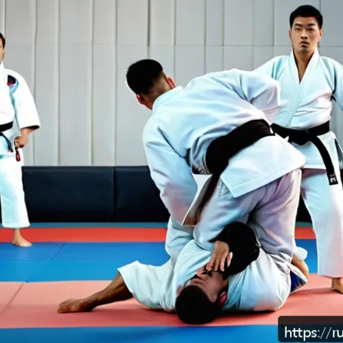 Home 33 유도 경기 전략과 전술 - A dynamic judo match scene on a traditional tatami mat in a modern dojo, featuring two adult male ju...