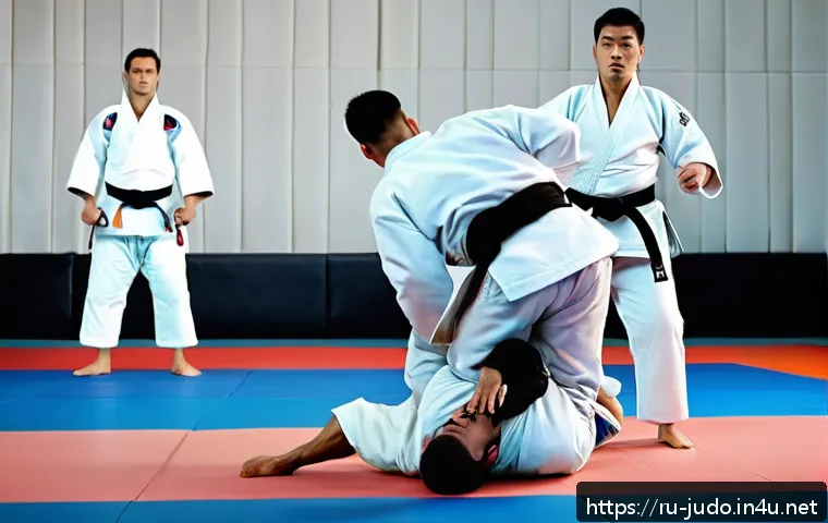 유도 경기 전략과 전술 - A dynamic judo match scene on a traditional tatami mat in a modern dojo, featuring two adult male ju...