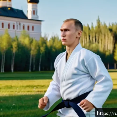 Home 32 유도 기초 체력 키우기 - A young Russian beginner judoka in a clean white gi practicing endurance training outdoors in a park...