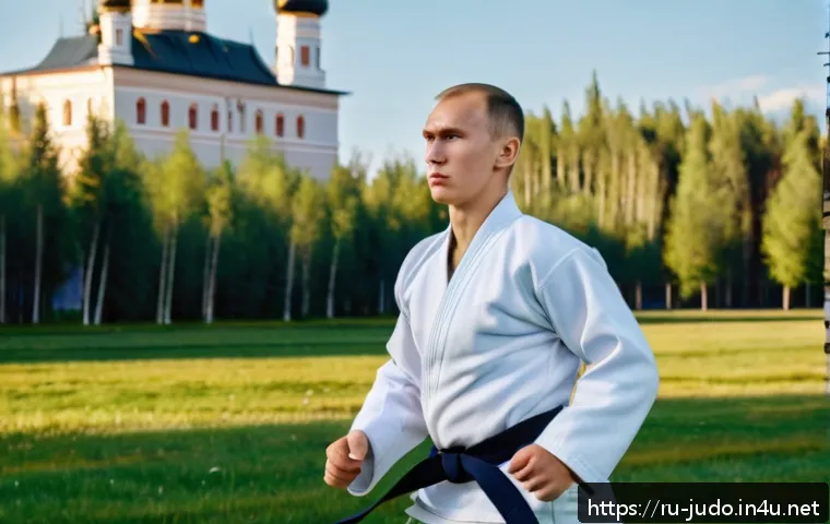 유도 기초 체력 키우기 - A young Russian beginner judoka in a clean white gi practicing endurance training outdoors in a park...