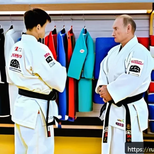 Home 31 유도 장비의 AS 정책 - A detailed scene of a Russian judo store interior showcasing a variety of judo equipment including k...