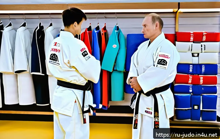 유도 장비의 AS 정책 - A detailed scene of a Russian judo store interior showcasing a variety of judo equipment including k...
