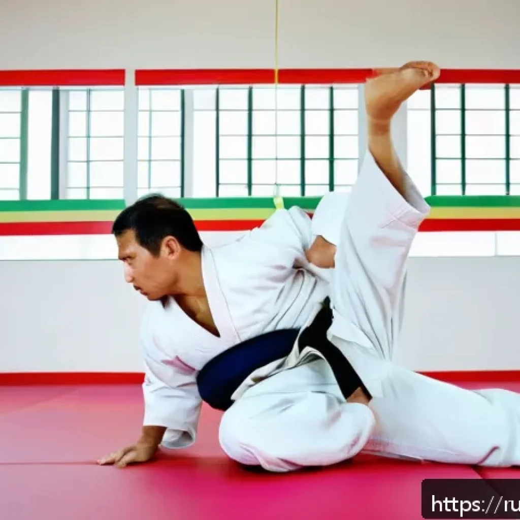 유도와 물리치료 병행 - A dynamic scene of a male judo practitioner in a modern dojo performing a controlled throwing techni...