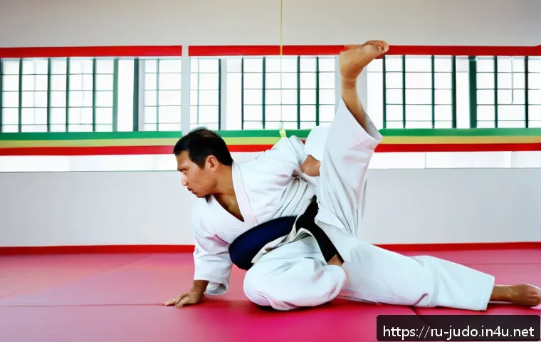 유도와 물리치료 병행 - A dynamic scene of a male judo practitioner in a modern dojo performing a controlled throwing techni...