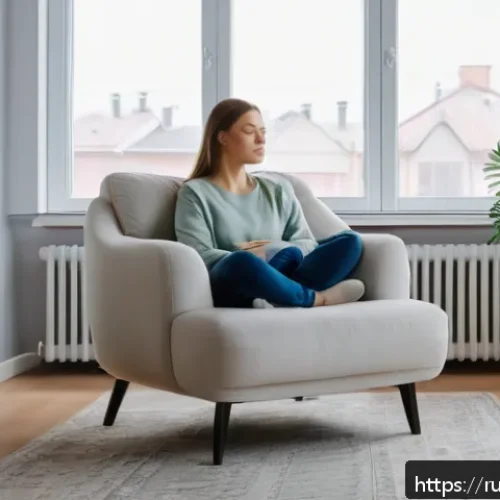 Home 17 유도 호흡법 배우기 - A serene, modern living room with a young Russian adult woman sitting comfortably on a plush armchai...