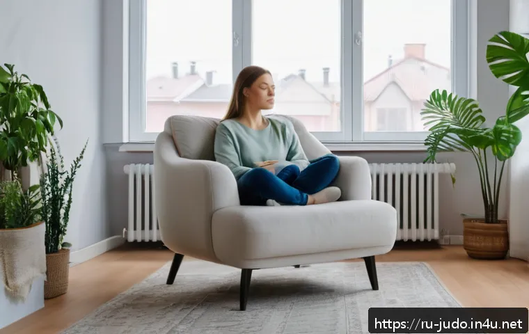 유도 호흡법 배우기 - A serene, modern living room with a young Russian adult woman sitting comfortably on a plush armchai...