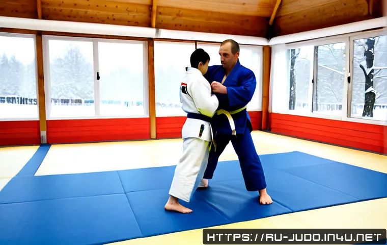 유도 겨울철 훈련 팁 - Photorealistic winter judo training inside a clean Russian sports hall, two adult judoka in white an...