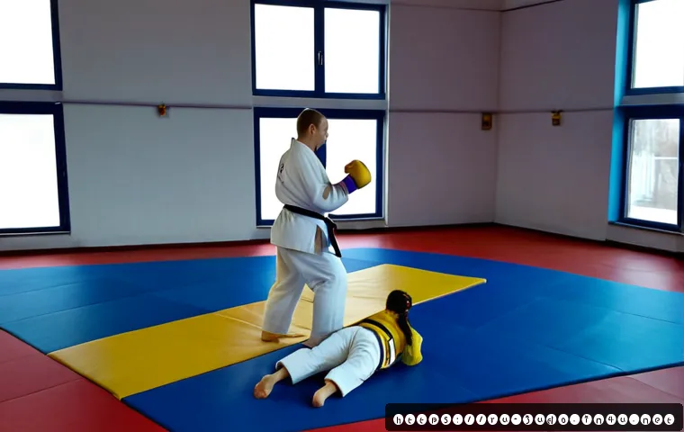 Home 17 유도 체중 이동의 중요성 - Photorealistic judo training in a clean Russian sports hall, two adult judoka in plain white gis pra...