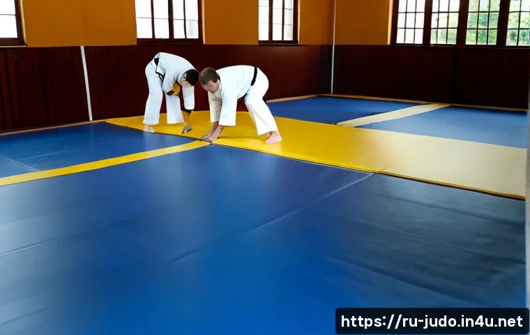 Home 30 유도 매트 설치 가이드 - Photorealistic wide-angle view of a clean Russian community sports hall during judo mat installation...