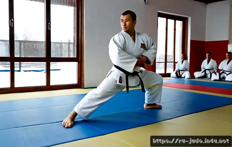 Home 17 유도와 유연성 향상 - Photorealistic indoor judo dojo in Russia, adult male judoka in a clean white gi practicing a contro...